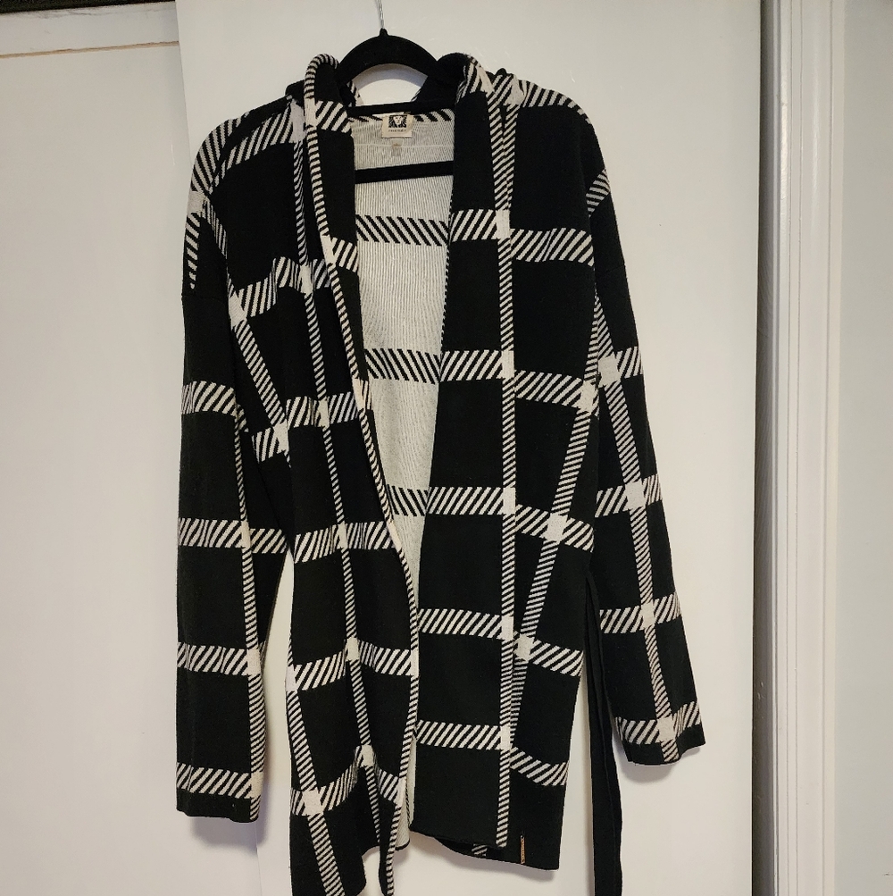 Black And White Plaid Hooded Wrap Cardigan